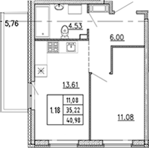 1-комнатная квартира 35.22 м², 21/22 эт., ЖК «Новые горизонты 2»